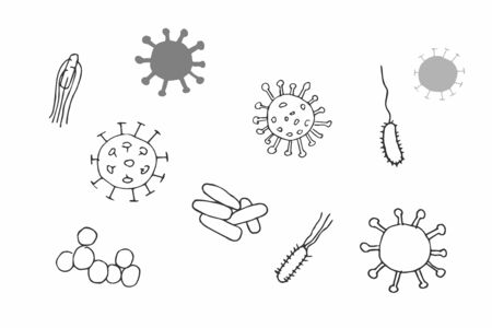Set of Viruses and bacteria icons. Line Pencil Hand Drawing. Grey isolated signs on white background. Doodle sketch microorganism illustration.の写真素材