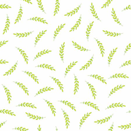 Seamless pattern with small green twigs on white background. Hand drawn simple floral, herbal digital paper in eco style. For printing on fabric, textiles, paper, packaging, wallpaper, wrappingの写真素材