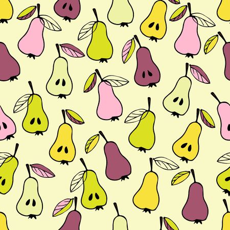 Different color Pear Seamless pattern. Vector Hand drawn creativity. Yellow background. For card, cafe menu, wallpaper, summer album, invitation, scrapbooking, wrapping, textile, t-shirtのイラスト素材