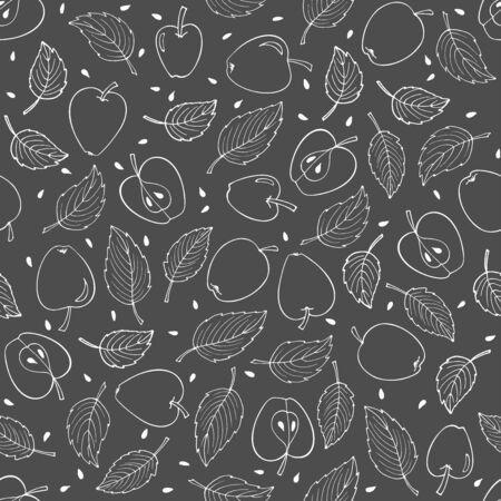 Seamless pattern of Apples and leaves on gray background. Black and white doodle sketch. Hand drawn digital paper. Blackboard. For cafe menu, fabric, packing, wrapping, advertizing of fruit shopの写真素材