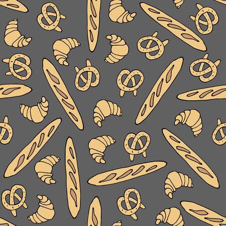 Seamless pattern with breakfast pastries. Croissants, pretzel, bread baguette on a dark background. For advertising cafes, menus, packaging bakery products, wallpaper, apron staff of baker shopの写真素材