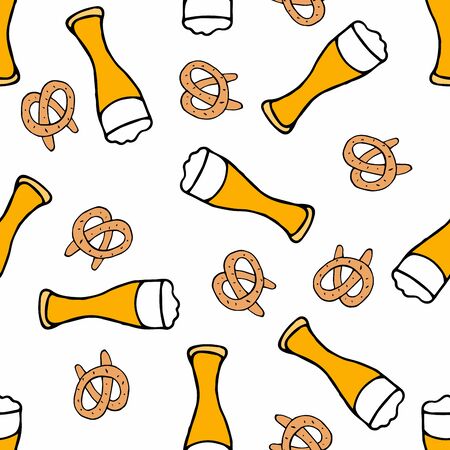 Beer glasses isolated with snacks on white background. Seamless pattern. Hand drawn glasses of beer. For Pub menu, decor, advertizing, staff uniformのイラスト素材