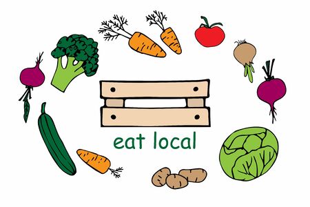 Eat local. Farmers market vegetables around wooden crate. Hand drawn sketch. Isolated Cartoon doodles on white. Vector design element, logo design template, badge for natural and organic foodのイラスト素材
