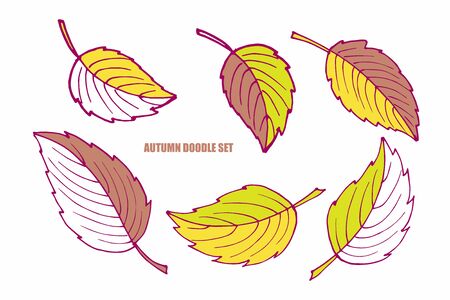 Set of fall leaves. Hand drawn vector Doodle sketch. Floral Herb Design elements. Perfect for scrapbooking, party design, logo, wrapping, wedding invitation, greeting card, blog, poster Hello Autumnのイラスト素材