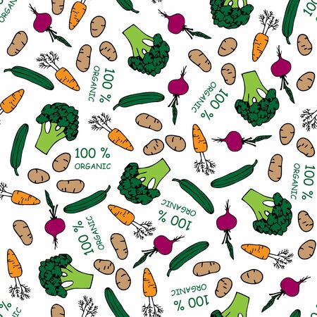 Seamless pattern with Farmers market vegetables. Cartoon background. Healthy food Vector doodle illustration. For web site backdrop, store or farmers market decoration, food packaging, wrappingのイラスト素材