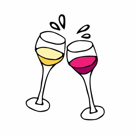 Two glasses of wine with white and red wine. Vector Cheers iDoodle sketch illustration.Hand drawn cartoon Isolated set. Festive toast with splashes. For bar logo template, menu design, label elementのイラスト素材