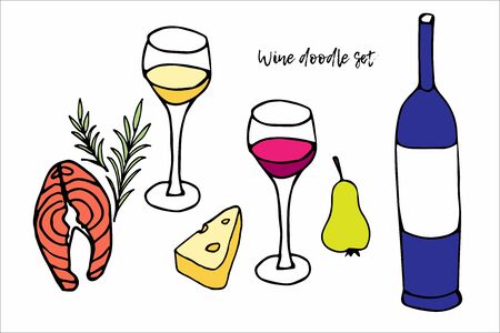Vector illustration of two wine glasses, bottle, cheese, salmon, pear. Doodle set. Hand drawn cartoon Isolated. Tasty alcoholic Party. For bar logo template, menu design, kitchen decorのイラスト素材