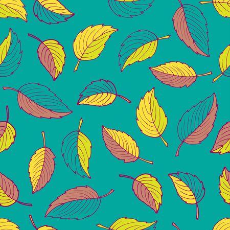 Autumn seamless background. Yellow and orange leaves on green. Vector hand drawn doodle. Linear drawing. For wallpaper, wrapping, packaging, scrap. Fall digital paper.のイラスト素材