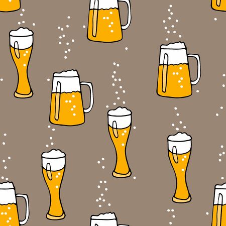 Oktoberfest Seamless pattern. Mug and glass with beer on brown background. Hand drawn vector doodle sketch. For Pub menu, party decor, placemat, t-shirt print and beer themesのイラスト素材