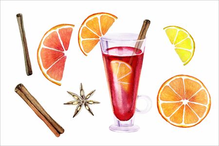 Mulled wine glass. Winter hot wine drink with spices isolated on white background. Citrus, cinnamon, anise. Watercolor illustration.の写真素材