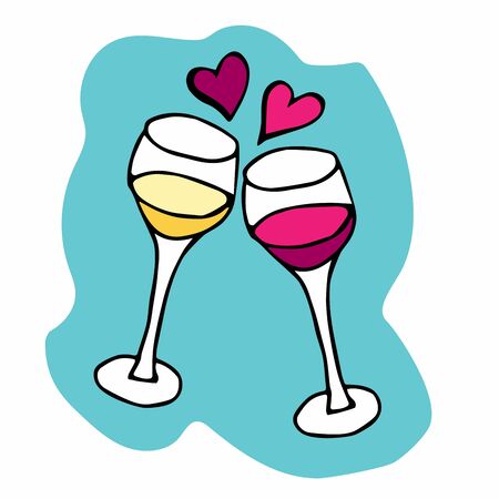 Two glasses with white and red wine. Toast Creating Splash with two hearts on blue sticker. Glasses for her and him, Lovers, bride and groom, wife and husband. Valentines Day engagement, anniversaryのイラスト素材