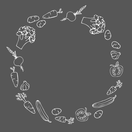 Round Frame of Vegetables. White linear pattern on dark gray background. Blank template for logo. Circle composition from vegetables. Chalk drawing on black boardのイラスト素材