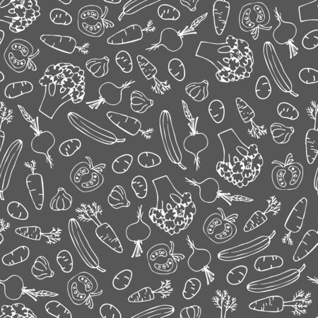 Vegetables seamless pattern. Vector Linear graphic. Hand drawn sketch. White on gray. Chalk on blackboard. Vegetables background for card, posters, banners, textile prints, cover, surfaces. Doodle.のイラスト素材