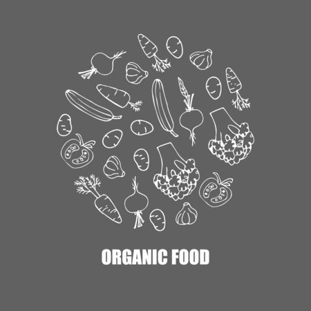 Vector Vegetables logo. Round background. Hand draw cartoon sketch. Broccoli, carrots, cucumber, potatoes, garlic, beet, tomato. Abstract emblem for organic shop, healthy food store, farmers marketのイラスト素材