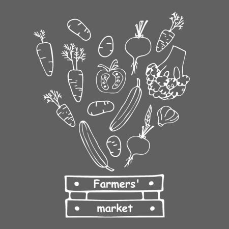 Vegetables fall into box with inscription Farmers market. Hand drawn Flat Cartoon illustration. Healthy food Vector doodle sketch isolated on dark gray background. Harvest festival.のイラスト素材