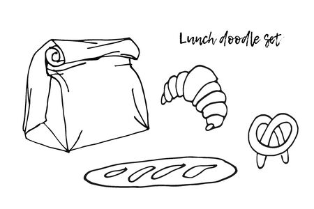 Vector Paper bag with bread isolated. Long loaf, croissant, pretzel. Line sketch. Black and White hand drawn illustration on white background. Package for purchases. Shopping bag. Doodle style. Sign symbol. Lunch. Breakfastのイラスト素材