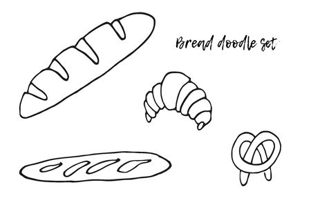 Set of pastries sketch black on white background. Baguette, baton, pretzel, croissant Doodle illustration. Various sorts of bread in lines. For bakery, logo, postcardsのイラスト素材