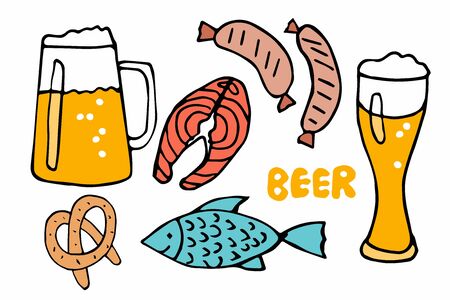 Set of beer and snack Isolated on white background. Vector hand drawn doodle beer mug, glass, Bavarian sausage, pretzel, salmon. For web, poster, invitation to party, card design, menu, banner, logoのイラスト素材