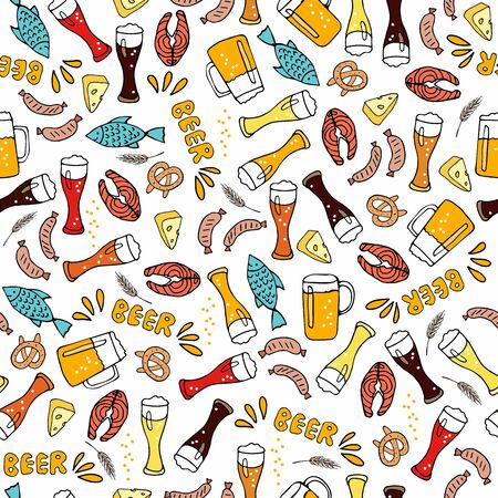 Beer festival. Cartoon hand drawn seamless pattern. Linear vector doodle on white background. Beer Mug, glass, Bavarian sausage, fish, cheese, pretzel, cone, Lettering. Oktoberfestのイラスト素材