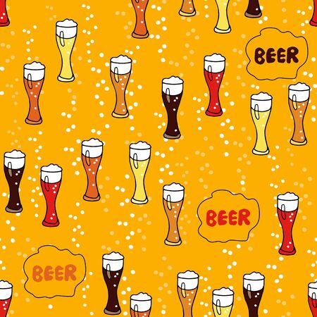 Glasses with different beers and beer lettering on yellow background Seamless pattern. Hand drawn vector doodle sketch. Vector illustration. Oktoberfest digital paperのイラスト素材