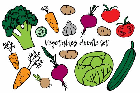 Color vegetables set. Cartoon background. Healthy food Vector doodle illustration. For web site, store or farmers market decoration. Flat icons carrot, onion, tomato, beet, cucumber, cabbageのイラスト素材
