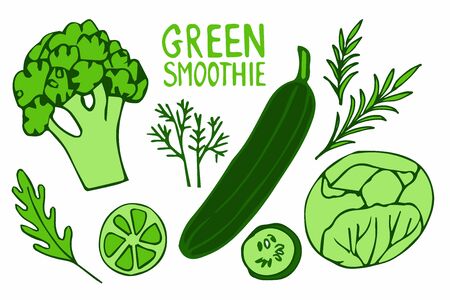 Green Smoothie lettering with doodle vegetables. Handwritten calligraphy text with healthy ingredients sketch isolated on white background. For menu, cafe, restaurantのイラスト素材