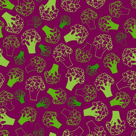 Broccoli doodle seamless pattern. Background with vegetables. Vector illustration. Broccoli isolated on plum background. Healthy vegetable eating, collage ornament with wholesome food ingredient.のイラスト素材