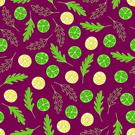 Doodle seamless pattern with lime, lemon, arugula. Background with fruit and herbs. Vector Vector texture on beet background. Vegan, farm. Healthy fruit eating, food ingredient.のイラスト素材