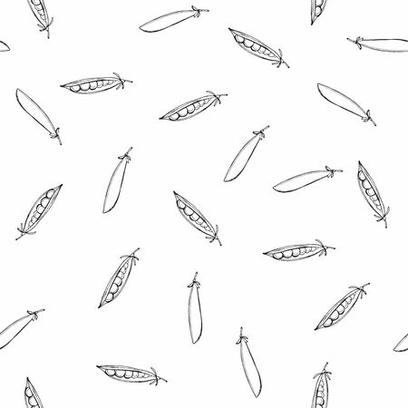 Hand drawn outline seamless pattern with contour green peas. Monochrome Black-and-white illustration. Vegetables digital paper.の写真素材