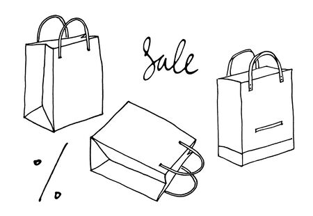 Set of three shopping bags with handles isolated. Line sketch style. Black and White hand drawn illustration on white background. Package. Paper bags. Doodle style. Saleの写真素材