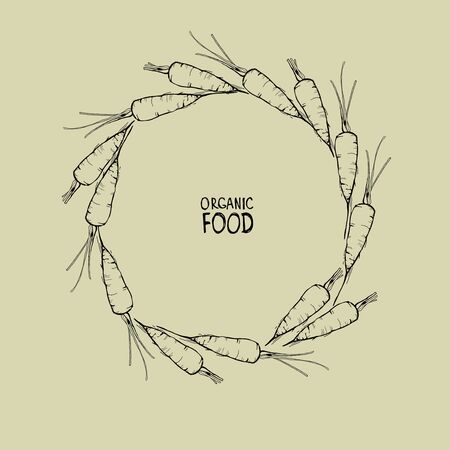 Carrots wreath, hand drawing line sketch with the inscription organic food. Black white illustration potatoes, carrots, onions, sweet pepper.の写真素材