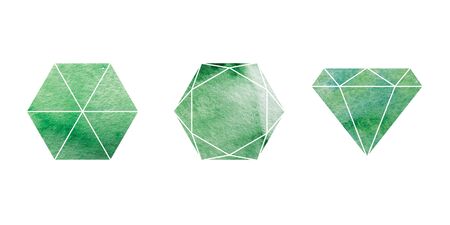 Emerald cut watercolor gemstones icons with white contour. Line sketch with watercolor background. Crystals stone isolated. Set of jewel, mineral stony. Side, Bottom, Top Viewの写真素材