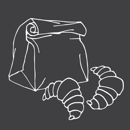 Paper bag with croissants isolated. Line sketch. Black and White hand drawn illustration on a black board. Package for purchases. Shopping bag. Doodle style. Sign symbol.の写真素材