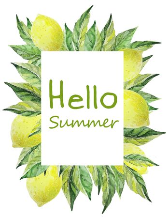Lemon frame with inscription Hello Summer. Summer illustration. Watercolor citrus slice. Tropical fruit.の写真素材