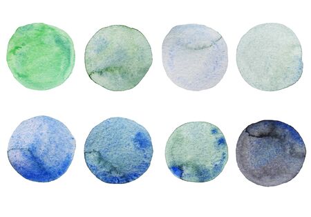 Set of blue and Teal watercolor dots. Hand painted Spots on a white background. Round, circle. Isolated. Blobs of different colorの写真素材
