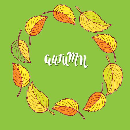 Round frame of fall leaves. Hand drawn vector sketch with autumn lettering. Floral Herb Design elements. For scrapbooking, party design, logo, invitation, greeting card, blog, poster Hello Autumnのイラスト素材