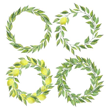 Set of four frames. Round foliage with lemon fruit frames. Plant wreaths. Space for Text, photo. Card template for Wedding, Invitation, Greeting and Birthday. Tree branches. Watercolor illustration.の写真素材