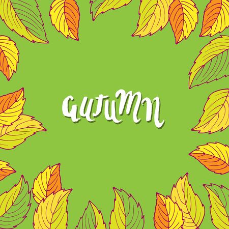 Square frame with fall leaves. Hand drawn vector sketch with autumn lettering. Floral Herb Design elements. For scrapbooking, party design, invitation, greeting card, blog, poster Hello Autumnのイラスト素材
