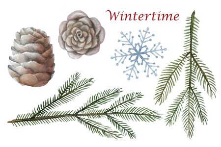 Wintertime set with evergreen twigs, pine cone, snowflake. Watercolour Christmas and New Year floral. Fir Tree Branches. Season greeting Winter Xmas holidays elementsの写真素材