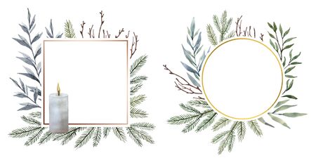 Round and square Christmas frames with place for date, inscription, text. New year and Christmas frame set. Evergreen branches, candle, twigs. For your greeting card, banner, invitation, announcementの写真素材