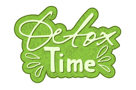 Vector Sticker with vegetable texture and Detox Time text isolated on white background. Calligraphy handwritten lettering. For Logo, icon, banner, tag, mug, t-shirt design, blog. Healthy foodのイラスト素材