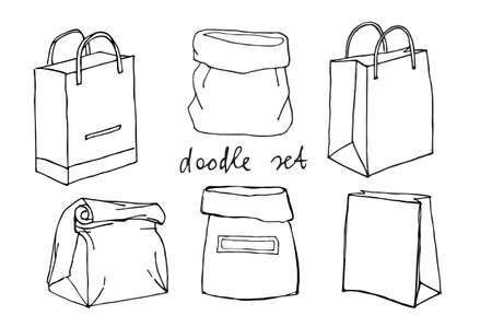 Set of six shopping bags with handles isolated. Line sketch style. Black and White hand drawn illustration on white background. Package. Paper bags. Doodle style. Saleの写真素材
