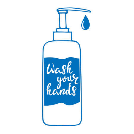 Bottle with inscription Wash your hands Sanitizer dispenser. Liquid soap vector line. Corona virus prevention. Hand drawn bottle with antiseptic isolated on white background. Washing, disinfectionのイラスト素材