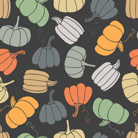 Pumpkin vector seamless pattern, hand drawn sketch on dark background. Halloween, Thanksgiving cartoon. For wrapping paper, street festival, farmers market, country fair, shop, menu, cafe, restaurantのイラスト素材