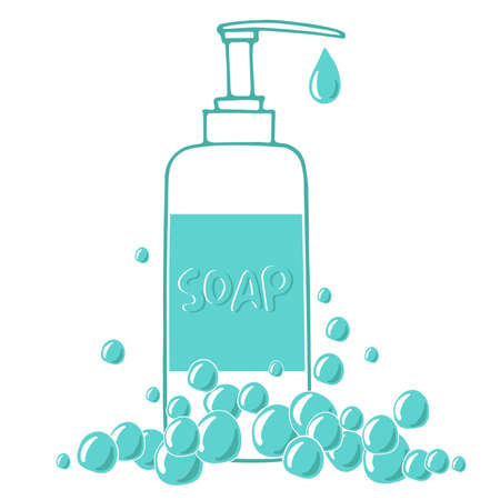 Bottle with dispenser airless pump. Hand sanitizer soap dispenser with bubbles on white background. Cartoon vector illustration. Hand drawn, sketch style, isolated on white background. Virus protectのイラスト素材