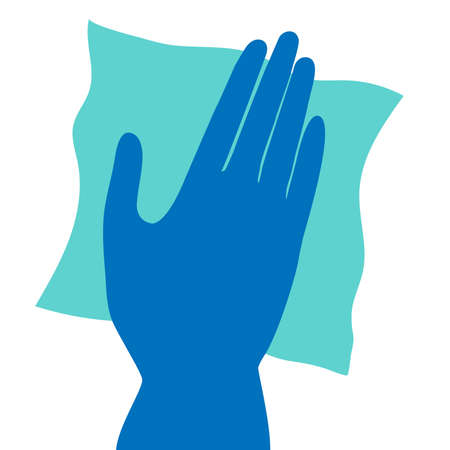 Hand in blue glove cleaning with green rag. Doing chores cleaning. Housekeeping service. Vector illustration flat design. Concept of disinfection. Prevention coronavirusのイラスト素材