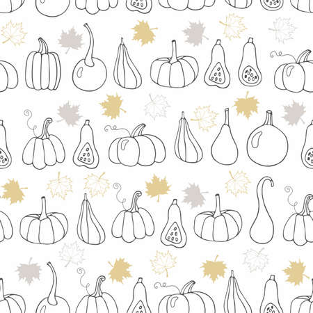 Autumn vector seamless pattern, hand drawn sketch isolated on white background. Pumpkins and maple leaves. Wrapping paper, textile, farmers market, country fair, shop, menu, cafe, restaurantのイラスト素材
