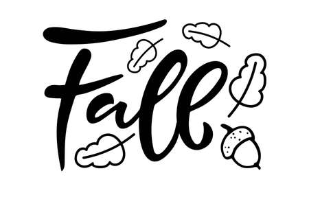 Fall Hand written lettering with acorn and oak leaves on white background. Vector calligraphy illustration. Fall, autumn, Thanksgiving Design element for poster, banner, card, badges, t-shirt, prints.のイラスト素材