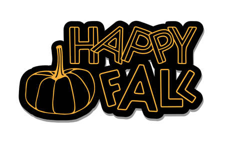 Happy fall. Black sticker with Autumn lettering and pumpkin. Hand drawn lettering and decor element. Design for halloween invitation, party decor with hand drawn pumpkin and handwritten text.のイラスト素材