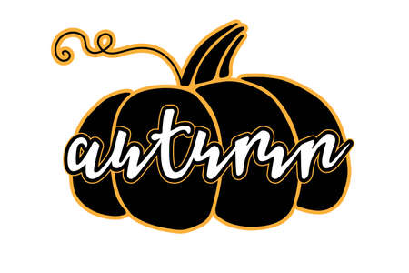 Autumn lettering on pumpkin silhouette background. Fall sticker with Hand drawn lettering. For card, t-shirt design, invitation, restaurant menu.のイラスト素材